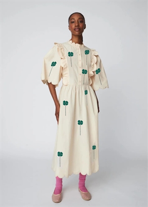 Embroidered midi kjole with scallops Creme/Green Stella Nova 